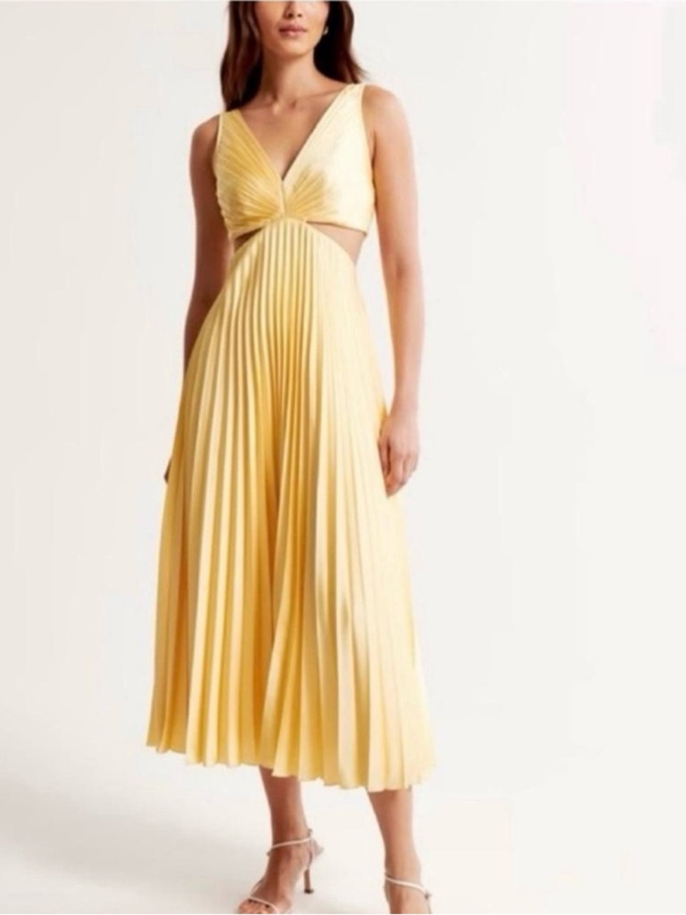 Abercrombie & Fitch Yellow Pleated Midi Dress with Side Cutout